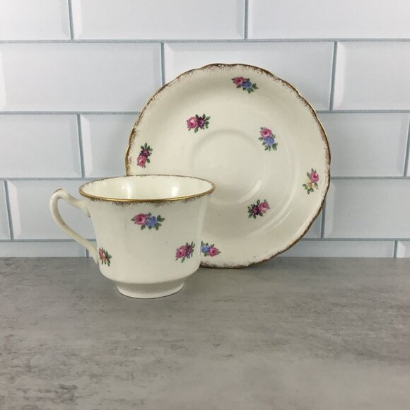 James Kent Floral Tea Cup Saucer Longton England Pink Blue Yellow Flowers - Picture 2 of 11